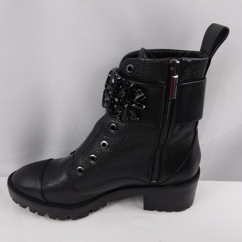 Karl Lagerfeld PIPPA Black Pebbled Leather Rhinestone Combat Boots Size 6M - Picture 9 of 16